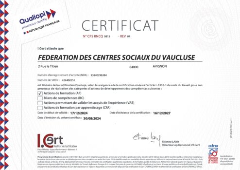 FEDERATION DES CENTRES SOCIAUX VAUCLUSE - Certificat du 17-12-24 au 16-12-27